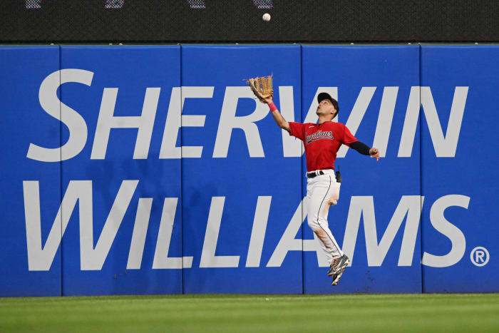Jul 15, 2022; Cleveland, Ohio, USA; Cleveland Guardians left fielder Steven Kwan (38) catches a ball hit by Detroit Tigers shortstop Javier Baez (not pictured) during the seventh inning at Progressive Field. Mandatory Credit: Ken Blaze-USA TODAY Sports